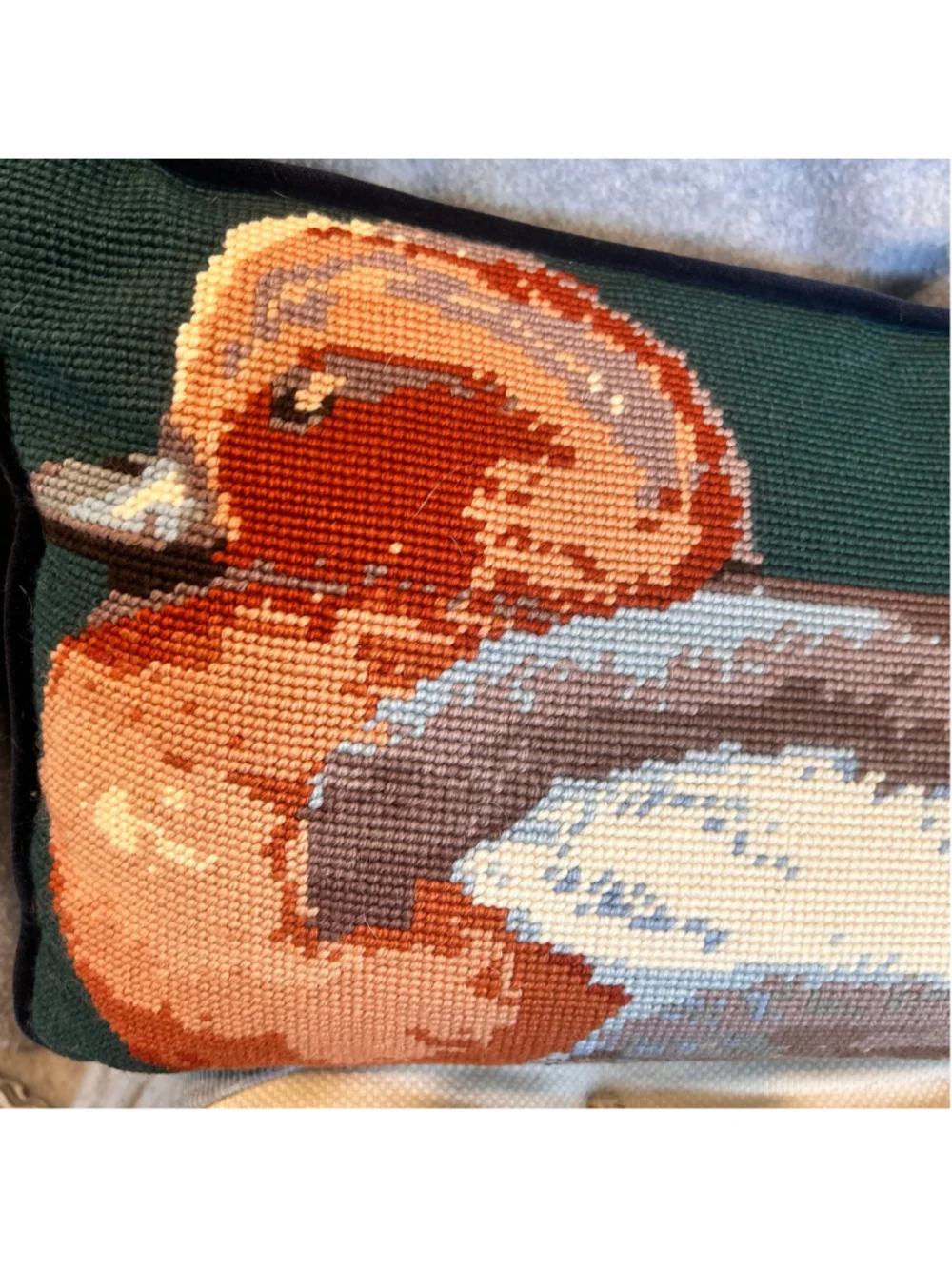 Vintage Wool Accent Lumbar Pillow Green Brown Duck Needlepoint Velvet Cabin